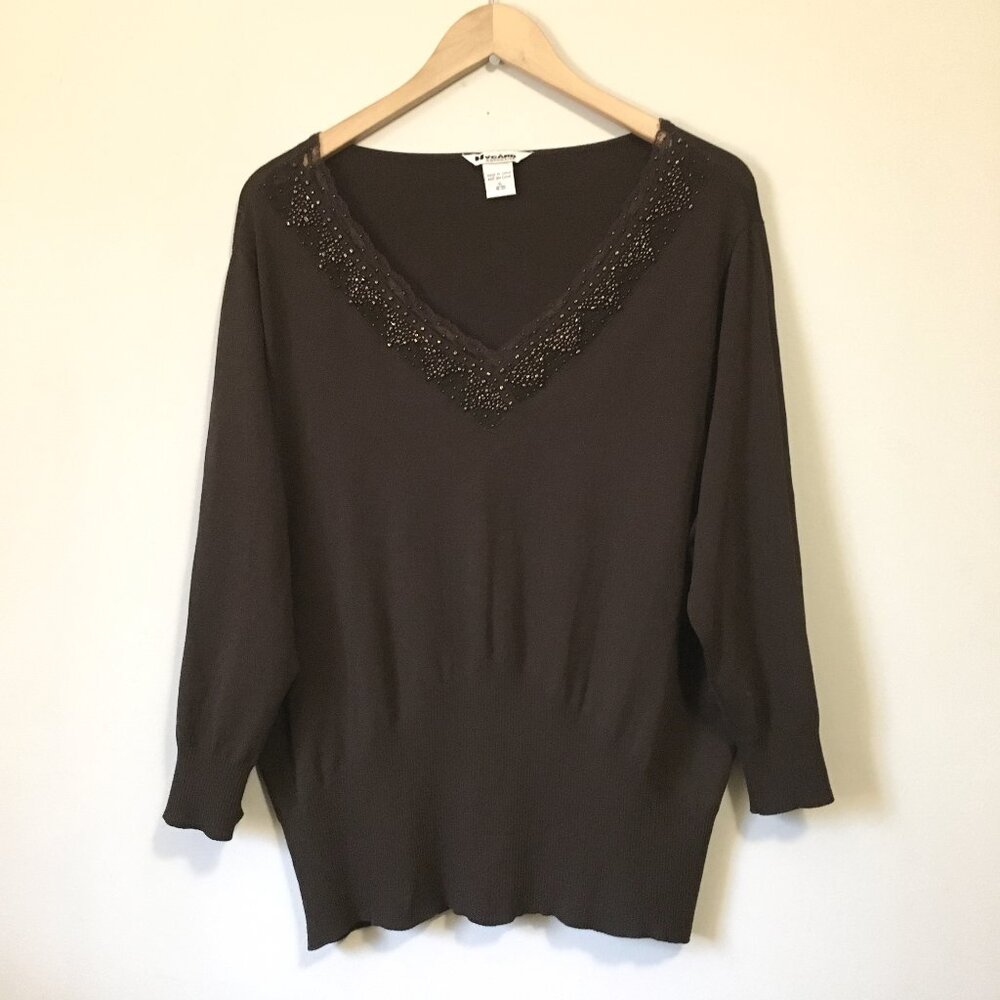 Nygard Collection Brown Rayon Top XL 18-20 Vintage Lace Bead Collar